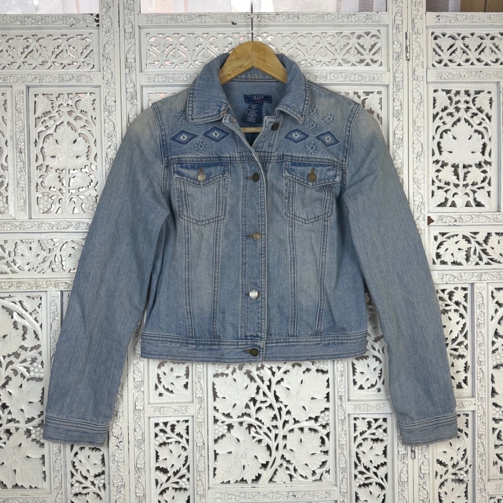 Vtg Chaps Light Wash‎ Distressed Embroidered Denim Jacket Sz S Twee Coquette